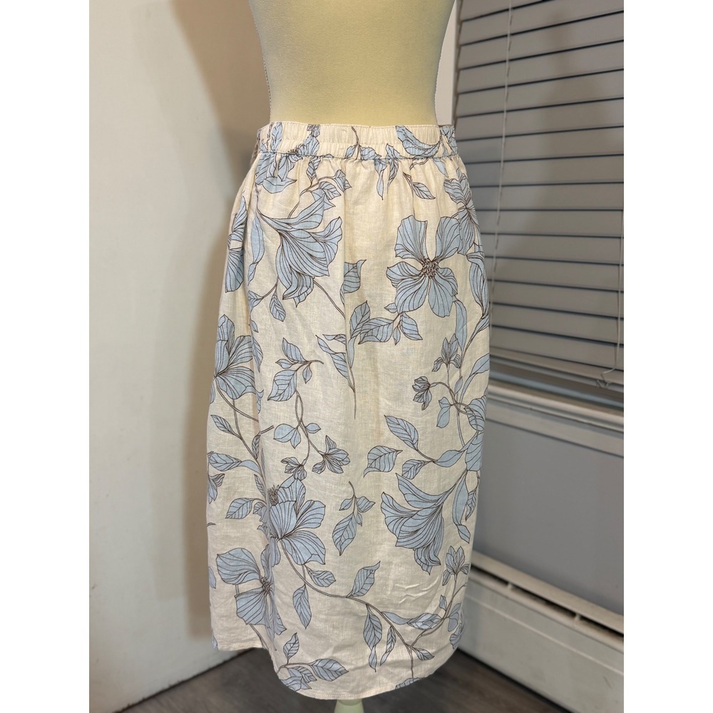 Cynthia Rowley 100% Linen Floral Wrap Midi Skirt Size Medium Blue Cream - Picture 5 of 13